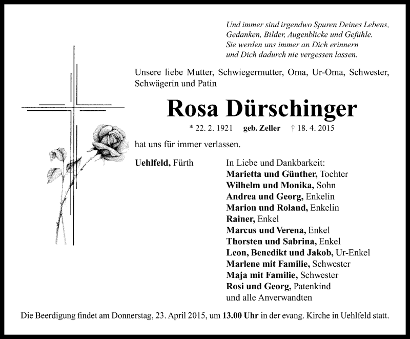  Traueranzeige für Rosa  Dürschinger vom 22.04.2015 aus Neustadt/ Scheinfeld/ Uffenheim