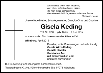 Traueranzeige von Gisela Keding von Neustadt/ Scheinfeld/ Uffenheim