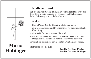 Traueranzeige von Maria Hubinger von Dinkelsbühl/ Feuchtwangen