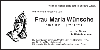 Traueranzeige von Maria Wünsche von Ansbach