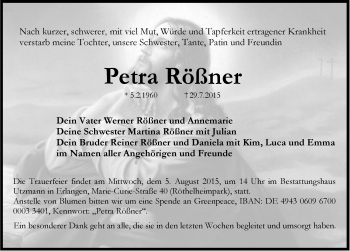 Traueranzeige von Petra Rößner von Ansbach