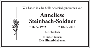 Traueranzeige von Anneliese Steinbach-Soldner von Ansbach