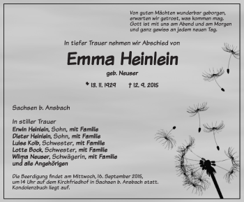 Traueranzeige von Emma Heinlein von Ansbach