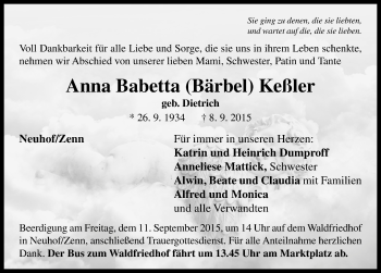 Traueranzeige von Anna Babetta Keßler von Neustadt/ Scheinfeld/ Uffenheim