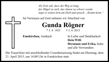 Traueranzeige von Gunda Rögner von Neustadt/ Scheinfeld/ Uffenheim