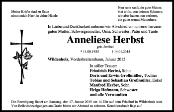 Traueranzeige von Anneliese Herbst von Dinkelsbühl/ Feuchtwangen