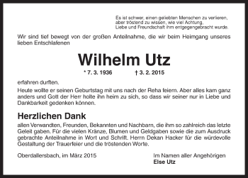 Traueranzeige von Wilhelm Utz von Dinkelsbühl/ Feuchtwangen