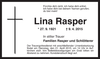 Traueranzeige von Lina Rasper von Dinkelsbühl/ Feuchtwangen