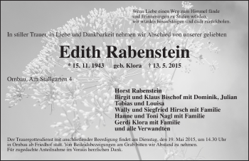 Traueranzeige von Edith Rabenstein von Ansbach