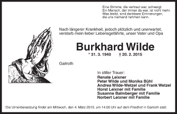 Traueranzeige von Burkhard Wilde von Dinkelsbühl/ Feuchtwangen