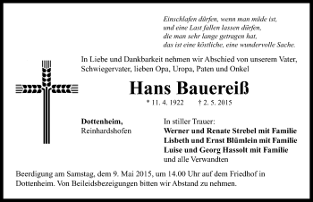 Traueranzeige von Hans Bauereiß von Neustadt/ Scheinfeld/ Uffenheim