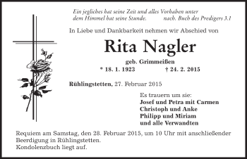 Traueranzeige von Rita Nagler von Dinkelsbühl/ Feuchtwangen