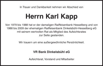 Traueranzeige von Karl Kapp von Dinkelsbühl/ Feuchtwangen