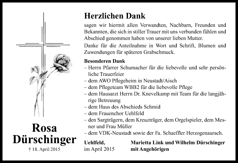  Traueranzeige für Rosa  Dürschinger vom 30.04.2015 aus Neustadt/ Scheinfeld/ Uffenheim