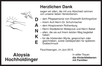 Traueranzeige von Aloysia Hochholdinger von Dinkelsbühl/ Feuchtwangen