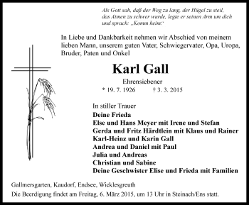 Traueranzeige von Karl Gall von Rothenburg