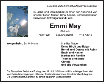 Traueranzeige von Emmi May von Rothenburg