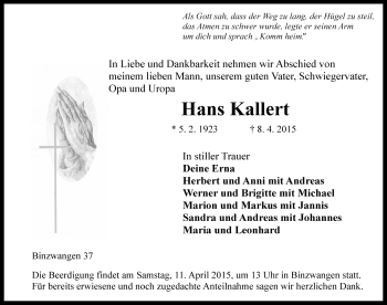 Traueranzeige von Hans Kallert von Rothenburg