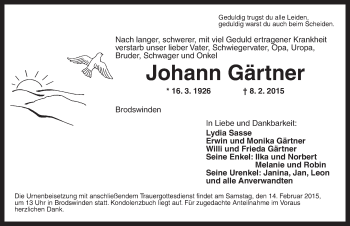 Traueranzeige von Johann Gärtner von Ansbach