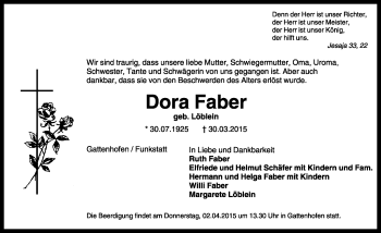 Traueranzeige von Dora Faber von Rothenburg