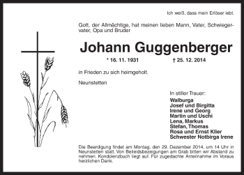 Traueranzeige von Johann Guggenberger von Dinkelsbühl/ Feuchtwangen