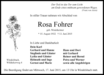 Traueranzeige von Rosa Fohrer von Rothenburg