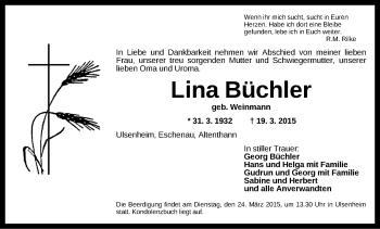 Traueranzeige von Lina Büchler von Neustadt/ Scheinfeld/ Uffenheim