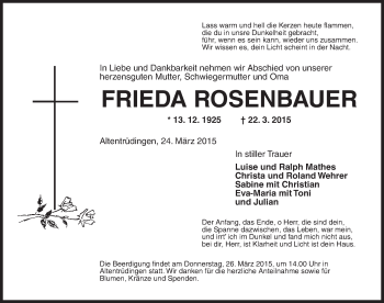 Traueranzeige von Frieda Rosenbauer von Dinkelsbühl/ Feuchtwangen