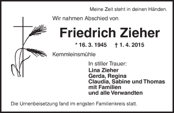 Traueranzeige von Friedrich Zieher von Dinkelsbühl/ Feuchtwangen