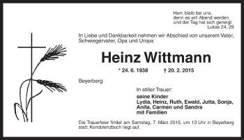 Traueranzeige von Heinz Wittmann von Dinkelsbühl/ Feuchtwangen