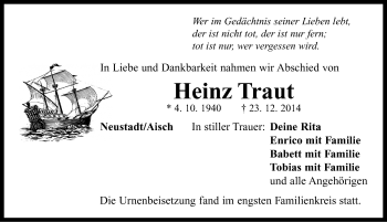Traueranzeige von Heinz Traut von Neustadt/ Scheinfeld/ Uffenheim