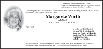 Traueranzeige von Margarete Wirth von Ansbach