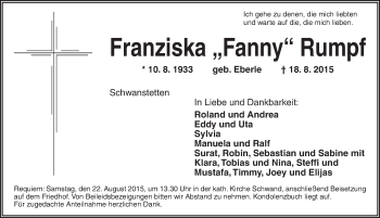 Traueranzeige von Franziska Rumpf von Ansbach