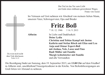 Traueranzeige von Fritz Boß von Neustadt/ Scheinfeld/ Uffenheim