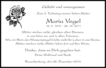 Traueranzeige von Maria Vogel von Neustadt/ Scheinfeld/ Uffenheim