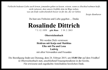 Traueranzeige von Rosalinde Dittrich von Neustadt/ Scheinfeld/ Uffenheim