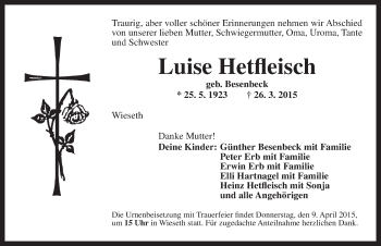 Traueranzeige von Luise  Hetfleisch von Dinkelsbühl/ Feuchtwangen