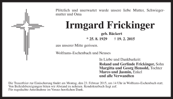 Traueranzeige von Irmgard Frickinger von Ansbach