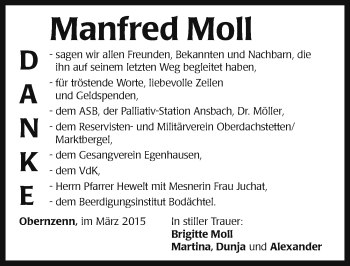 Traueranzeige von Manfred Moll von Ansbach