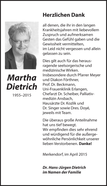 Traueranzeige von Martha Dietrich von Ansbach