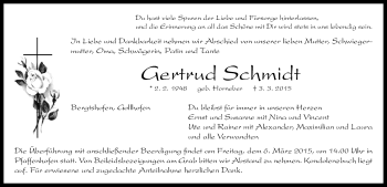 Traueranzeige von Gertrud Schmidt von Neustadt/ Scheinfeld/ Uffenheim