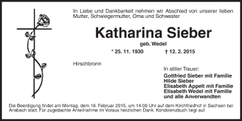 Traueranzeige von Katharina Sieber von Ansbach