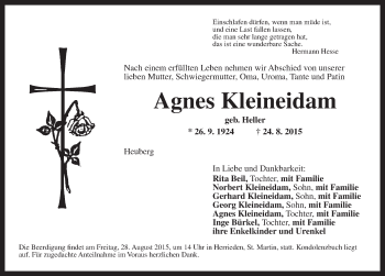 Traueranzeige von Agnes Kleineidam von Dinkelsbühl/ Feuchtwangen