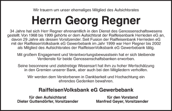 Traueranzeige von Georg Regner von Ansbach