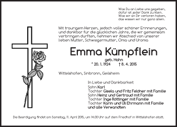 Traueranzeige von Emma Kümpflein von Dinkelsbühl/ Feuchtwangen