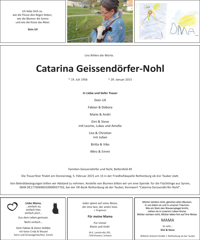  Traueranzeige für Catarina Geissendörfer-Nohl vom 04.02.2015 aus Rothenburg