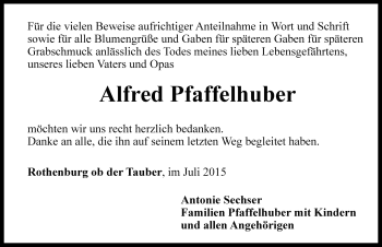 Traueranzeige von Alfred Pfaffelhuber von Rothenburg