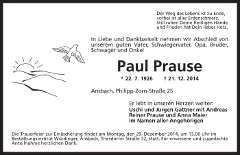 Traueranzeige von Paul Prause von Ansbach