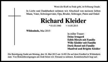 Traueranzeige von Richard Kleider von Dinkelsbühl/ Feuchtwangen