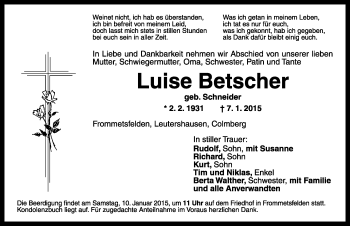 Traueranzeige von Luise Betscher von Rothenburg